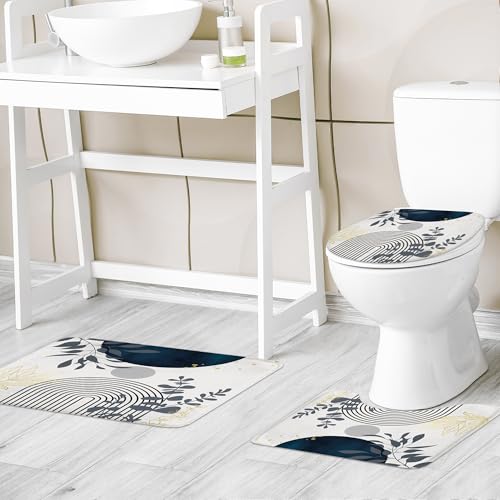 Riyidecor Mid Century Boho 4Pcs Shower Curtain Set with Toilet Lid Cover and Non-Slip Rugs,Modern Minimalist Navy Blue Bathroom Decor Set，Abstract Contour and Bath Mat with 12 Hooks - color: 01navy Blue