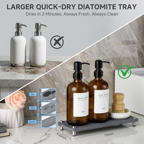 2 Pack Kitchen Soap Dispenser Set - 16oz Amber Glass Dish and Hand Soap Dispenser with Stainless Steel Pump, Instant Dry Tray, Dish Brush & Holder, Refillable Countertop Sink Decor for Kitchen & Bath - color: Amber