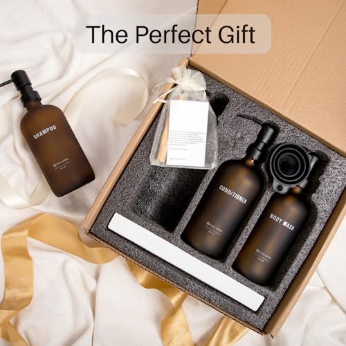 Frosted Amber Glass Shampoo and Conditioner Dispenser Set – Refillable 16 oz Pump Bottles with Concrete Tray – Luxury Bathroom Organization & Modern Shower Soap Dispensers - color: Frosted Amber Glass