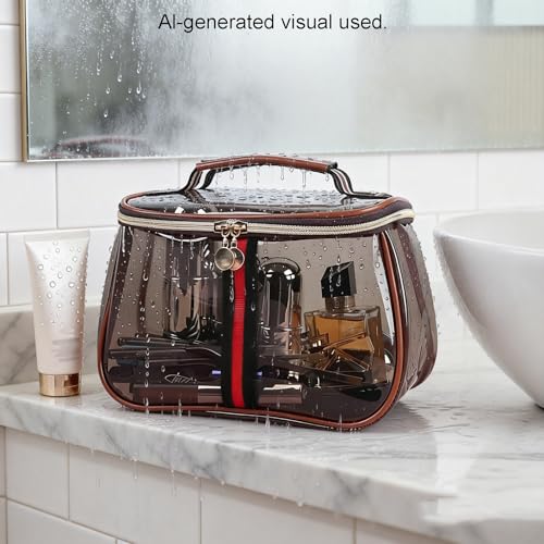 New Retro Vintage Vanity Bag - Clear Makeup Organizer with Handle, Waterproof Transparent Toiletry Bag, Large Capacity Makeup Storage - Case for Women for Travel & Home (Coffee) - color: Coffee