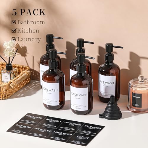 Shampoo and Conditioner Bottles(5Pack),Shampoo Dispenser for Shower,Bottles Refillable with Pump,Bathroom Dispenser Sets(Amber) - color: Amber-m