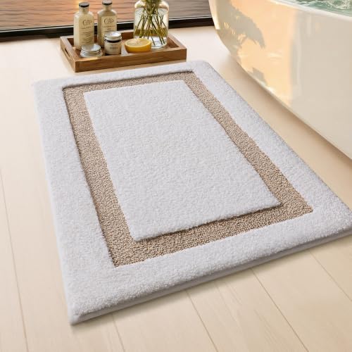 Color&Geometry White Bathroom Rugs 24x16, Extra Soft Absorbent Microfiber Bath Rug, Non-Slip Bathroom mat, Washable Plush Bath Mats for Bathroom, Shower, Bathtub, Laundry, Small, White Khaki - color: B, size: 16"x24"（small）