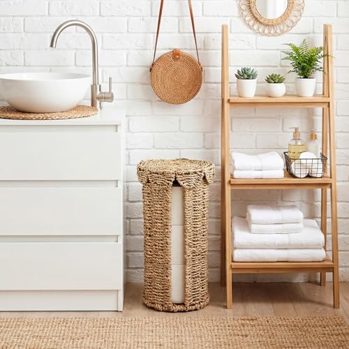 Wicker Toilet Paper Holder with Lid, Woven Paper Roll Holder Boho Rattan Toilet Papers Roll Stand for Bathroom Organizer and Storage Farmhouse Tissue Storage for 3 Mega Rolls (Seagrass)