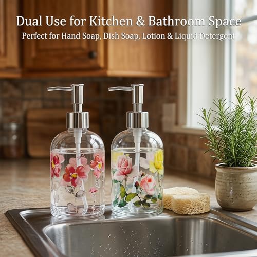 Topadorn Hand and Dish Soap Dispenser Set, 2 Pack 17oz Glass Soap Dispensers with Pump, Refillable Kitchen Soap Bottles, Coordinated Floral Bathroom Counter Decor - color: Purple&yellow