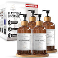 Sunrise Premium 16 OZ Thick Amber Glass Soap Dispenser, Bamboo Pump with Tray 4 Pack, Hand and Dish Soap Dispenser Set for Bathroom with 12 Waterproof Labels - color: Plastic Bamboo Pump - Amber Glass Pack 4