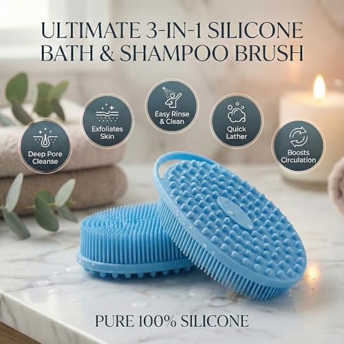 Silicone Body Scrubber Exfoliating 3 Pack, Shower Scrubber for Body,Loofah Alternative for Women Men, 2 in 1 Bath and Shampoo Brush with Handle,Body Exfoliator Tool for Skin, Back-Purple, Blue, Green - size: 3Pack-Purple Blue Green
