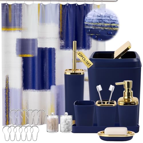 XLHOMO Blue and Gold Bathroom Accessories Set, Bathroom Sets with Shower Curtain, Blue Bathroom Accessories with Trash Can, Soap Dispenser, Soap Dish, Toilet Brush Holder, Qtip Holders for Bathroom - color: Plaid Blue & Gold, size: Complete Set
