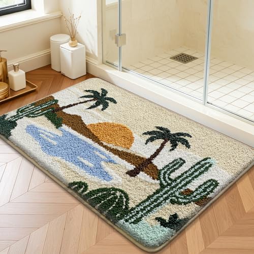 Bathroom Rug Mat, Desert Oasis Sunset Fluffy Rug with Cactus & Palm Tree, Ultra Absorbent Microfiber Shaggy Door Mat, Quick Dry Bath Rug Carpet for Toilet Bathtub Bedroom 20x31 Inch (Brown) - color: Green