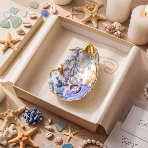 Natural Oyster Ring Trinket Dish Vintage Jewelry Tray for Keys Small Jewelry Holder for Bridal Shower Favors Friends Sisters Daughter Mother Gift Seaside Decor(Blue Safari) - style: Blue Safari