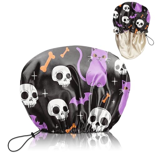 Luxury Shower Cap Satin Lined Reusable Waterproof Double Layer Elastic Adjustable Hair Bath Cap Cute Aesthetic Women Girls-Cat - color: F11-Cat
