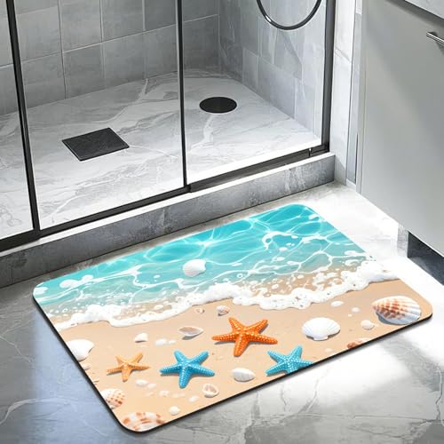Quick Dry Bath Mat for Bathroom,Super Absorbent Beach Seashell Bath Rug Non-Slip Rubber Backing,Machine Washable Bathroom Floor Mat for Shower, Tub, Sink Area Ocean Blue 30x20 - color: Blue1, size: 1'8" x 2'6" (Rectangular)