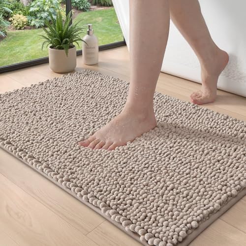 DEXI Bathroom Rugs 36x24, Super Soft Thick Chenille Absorbent Bath Mat, Non Slip Machine Washable Fluffy Shag Bathmat for Tub, Shower Floor, Dark Beige - color: Dark Beige, size: 36" X 24" (Rectangular)