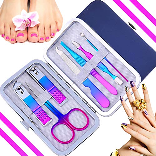 QURIPE 7pcs Manicure Set, Nail Clippers Kit, Stainless Steel Manicure Kit, Nail Clipping Tools Portable Travel Grooming Kit, The Best Gift with Luxurious Case(Multicolor) - color: Rainbow