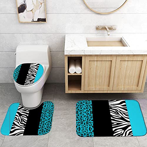4PCS Leopard Print Shower Curtain Set with Rug, Toilet Lid Cover and Bath Mat, Teal Black Splice Shower Curtain with 12 Hooks, Complete Bathroom Accessories Decor Set… - color: A-teal