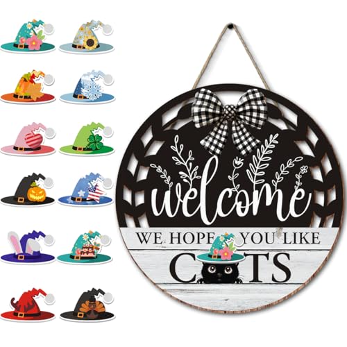 Interchangeable Seasonal Welcome Hanging Sign - Farmhouse Front Door Decoration for Holidays - Rustic Round Wood Wreaths with 12 Icons – Welcome Cat Lover(White) - color: catswhite