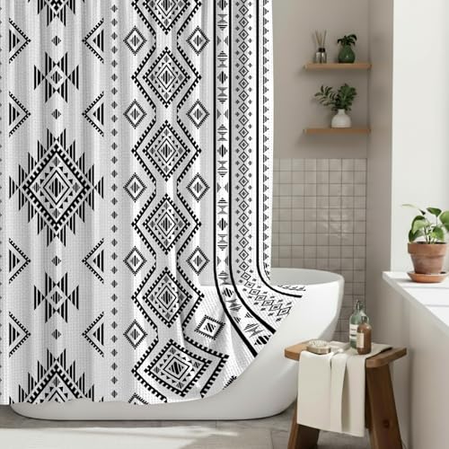 HunnmingRe Western Shower Curtain Waffle Southwest Aztec Geometric Stripes Fabric Shower Curtain Set with Hooks for Bathroom 72 x 72 Inches Farmhouse Boho Bath Curtains(Black) - color: Black