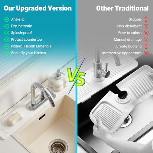 Stone Faucet Mat for Kitchen Sink Oval Hole Bathroom sink splash guard | Water-Absorbing Diatomite Stone Drying Mat & Sink Protectors Absorbent Stone Tray for Bathroom Counter, Oval Hole 6.5" x 2.5" - color: White