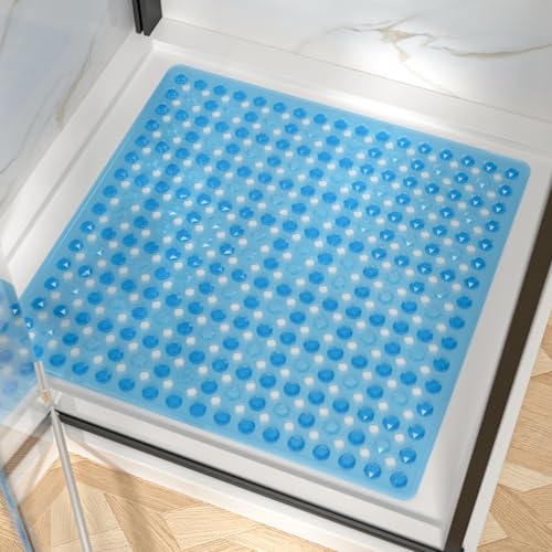 HITSLAM Shower Mat Anti Slip, Square Bath Mat for Tub Non Slip with Suction Cups and Drain Holes, 24x24 Inch Bathroom Shower Stall Floor Mat, Machine Washable, Soft on Feet, Blue - color: Blue, size: 24" x 24" (Square)