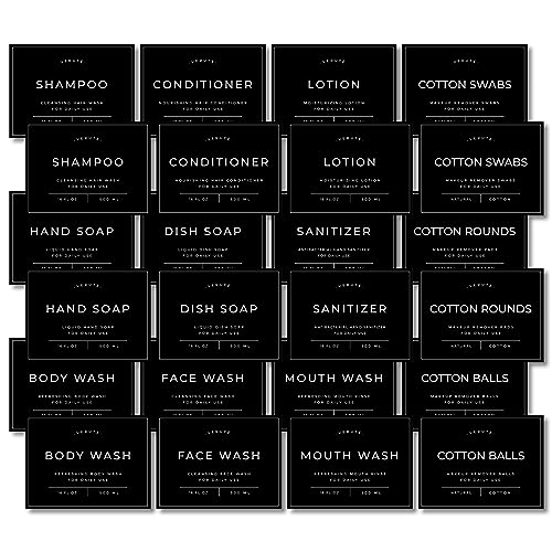 Verute Waterproof Labels for Amber Glass Soap Dispenser and Plastic Bottles 3.15"x2.35" Peel & Stick - Kitchen, Bathroom & Shower Set - 24 Pieces (Black) - color: Black