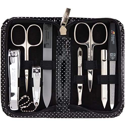 3 Swords Germany - brand quality 8 piece manicure pedicure grooming kit set synthetic leather case black silver spots - Made in Germany - color: BLACK - SILVER SPOTS