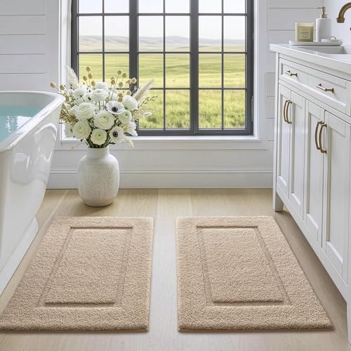 DEXI Bathroom Rugs Set 2 Piece 24x16, Washable Non Slip Bath Mat for Shower Floor, Absorbent Quick Dry Bathmat with Rubber Backing, Ultra Soft Plush Carpet for Tub, Beige - color: Beige, size: 24" X 16" (2pcs)