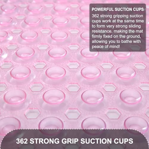 TEESHLY Bath Tub and Shower Mats, Non Slip 40 x 16 Inch Extra Large Bathtub Mat, Machine Washable Bathmat with Drain Holes, Suction Cups for Bathroom Floor, Clear Pink - color: Pink (Translucent)