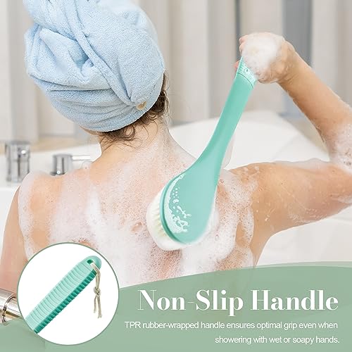 Back Scrubber for Shower, Shower Body Brush for Cleaning with Long Handle for Showering, 17 Inch Back Washer Exfoliator for Shower Men Women with Non-Slip Handle, Adhesive Hook (Celadon Green) - size: Celadon Green - Artificial Bristles