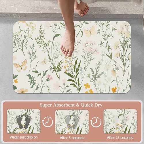 Bath Mat,Wildflowers Plants Bathroom Rugs,Quick-Drying Non-Slip Rubber Bath Mats Absorbent Diatomaceous Earth Mat for Bathroom Home Decor 17"x29.5" - color: Wildflowers Plants