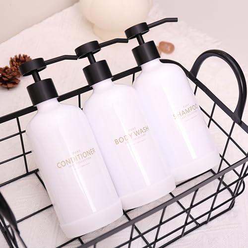 Shampoo and Conditioner Dispenser Set of 3,Refillable 21oz Shampoo Bottles with Non-Slip Protective Silicone Pad,Shower Soap Dispenser with Waterproof Labels for Bathroom (White) - color: White Bottles + Black Pumps
