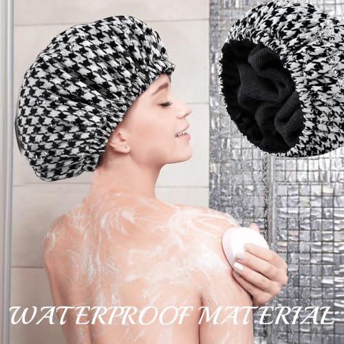 Shower Cap for Women Terry Lined Bath Cap Large Reusable Waterproof Elastic Black Houndstooth Shower Caps for Long Thick Hair Soft Bath Shower Hair Caps - color: Black Houndstooth