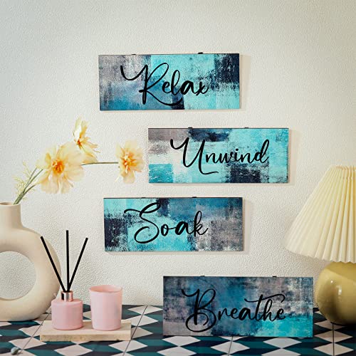 Maitys 4 Pcs Bathroom Wall Decor 10 x 4 Inch Bathroom Wall Art Contemporary Wood Restroom Pictures for Soak Unwind Relax Hanging Sign Spa Rustic Vintage Farmhouse Pediments(Turquoise and Grey) - color: Turquoise and Grey