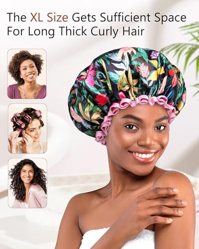 mikimini Shower Cap for Women and Grils,Pack of 2,Rainforest Bath Shower Caps with Pink Lace,Reusable Waterproof Shower Hat for Girls (Medium,Floral) - size: Medium (Pack of 2)