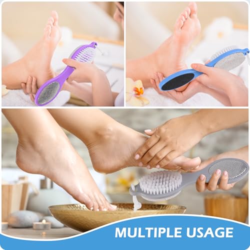 3 Pcs 4 in 1 Foot Brush for Use in Shower with Pumice Stone, Foot Rasp and Sandpaper, Foot Scrubber Brush for Feet, Dead Skin Remover for Foot Care (3 Colors) - style: 3 Purple Gray Blue Foot Brush