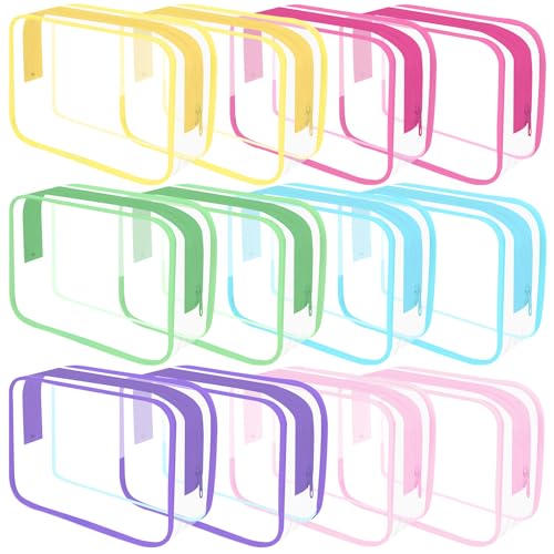 Clear Toiletry Bag, 12 Pack TSA Approved Toiletry Bag Carry on Travel Accessories Bag, Quart Size Bag for 3-1-1 Liquids Airport Airline Compliant Clear Makeup Bag with Metal Zipper (Bright Bags) - style: Bright Bags