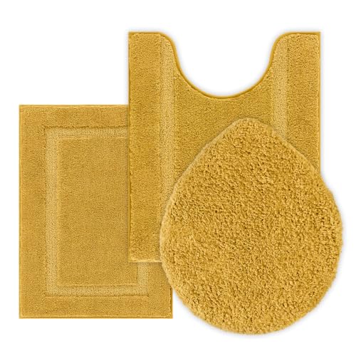 SHACOS 3 Pieces Bathroom Rugs with Toilet Lid Cover, Honey Mustard | Soft Absorbent, Non Slip, Washable, Microfiber, 16"x24"+U-Shape 20"x24"+Lid Cover19"x21" - color: Honey Mustard, size: 16"x24"+U-Shape 20"x24"+Lid Cover 19"x21"