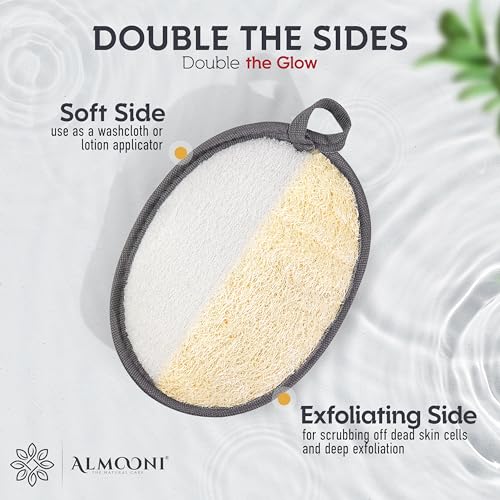 Almooni Natural Exfoliating Loofah for Men, Lightly Abrasive Egyptian Loofah Body Scrubber for Men, Dual-Sided with Cotton Back, Hand Strap, Gray, 2-Count - style: Gray