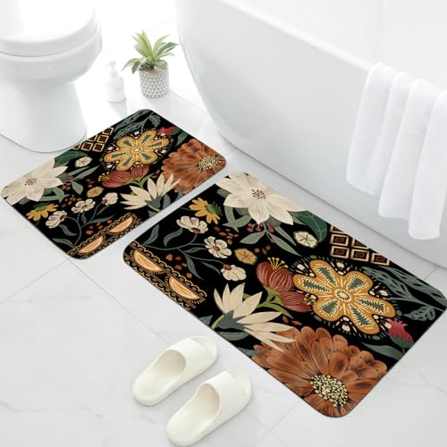 MitoVilla Boho Flower Bathroom Rug Sets of 2 Pieces - 17" x 24" + 20" x 32", Bohemia Bath Mats for Bathroom Non Slip, Absorbent Shower Floor Mat Washable, Carpet Floor Mats for Bathroom Decor - color: Boho - Flower02, size: 17" x 24" + 20" x 32"