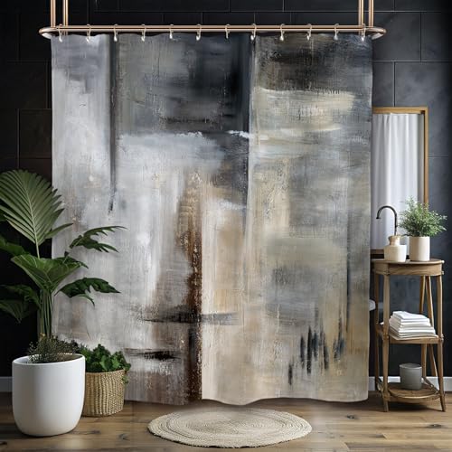 Miyotaa Abstract Brush Stroke Modern Shower Curtain Set 60Wx71H Inches Contemporary Minimalist Neutral Simple Painting Art Waterproof Bathroom Curtain with 12 Hooks - color: Minimalist Neutral, size: 60"W x 71"L (Pack of 1)