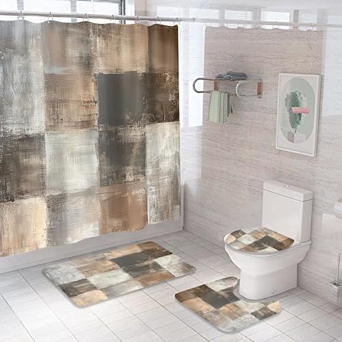 4PCS Brown Grey Abstract Shower Curtain Set, with Non-Slip Rugs, Toilet Lid Cover and Bath Mat Rustic Farmhouse Acrylic Aesthetic Unique Vintage for Bathroom Bathtub Decor Accessories, 72x72 Inch - color: Brown Grey