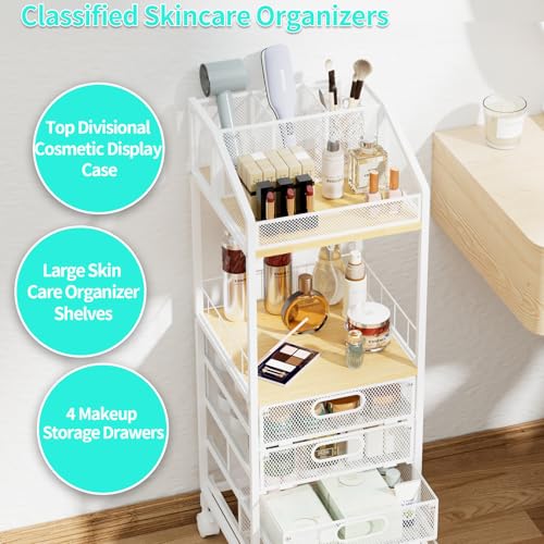 HapiRm Rolling Cart Makeup Organizer - Metal Makeup Cart with Wheels and Drawers for Small Spaces & Messy Vanities, Space-Saving Beauty Cosmetics Cart Storage Cabinet Stand for Perfume Hair Tools - color: Natural