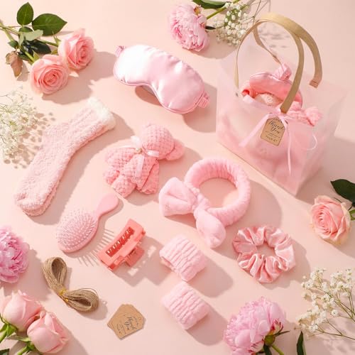 6 Set Spa Gifts Bulk for Women, Sleepover Party Favors Supplies for Bridesmaid Bridal Shower Wedding Guests Baby Shower Birthday Gift with Towels Socks Hair Tie Clip Eye Masks(Pink) - color: Pink