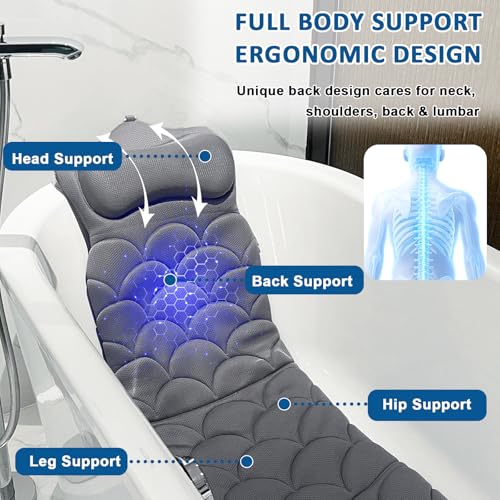 REEZEIVI Full Body Bath Pillow,Thick Bathtub Cushion with Laundry Bag,Bath Pillow with 13 Non-Slip Suction Cups,Soft 3D Mesh Fabric,Bathtub Cushion for Headrest Neck and Back Support (Gray) - color: Gray