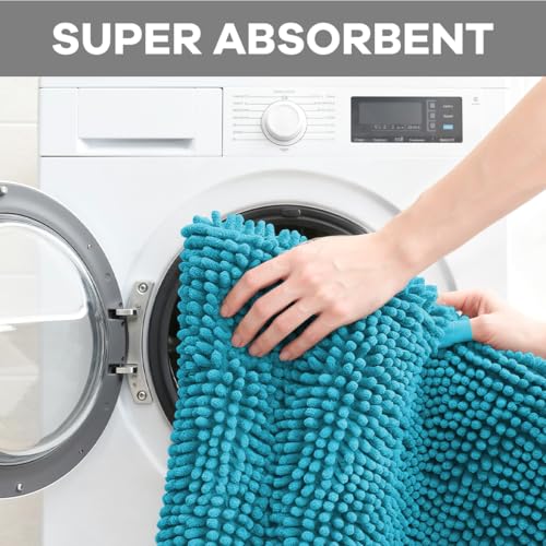 RUN HELIX Teal Bathroom Rug Set - 4 Piece with Toilet Lid Cover, Non Slip Mats, Extra Soft Chenille, Absorbent Shaggy, Perfect Plush U-Shaped Toilet Rug - color: Teal Blue, size: 1'8" x 2'8" (Square + oval + U-shape)