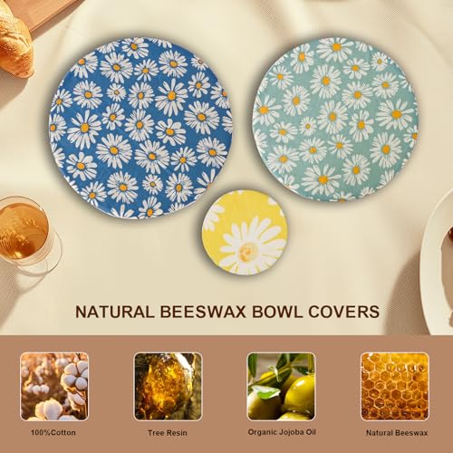 Reusable Bowl Covers for Bread Proofing - Beeswax Bowl Covers Reusable 3 Set, Cotton Blend Stretch Design, Fits 4-13 Inch Bowls, Shower Caps for Sourdough Bread, Dough Proofing & Food Storage(Daisy)