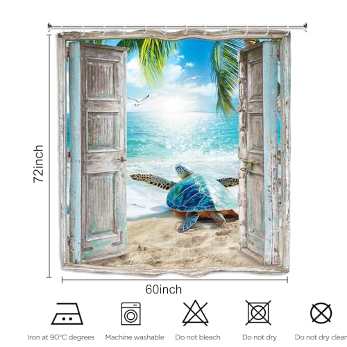 Turtle Ocean Sea Shower Curtain 60Wx72L Inch Beach Coastal Landscape Scene Barn Door Summer Bathroom Set Accessories Decor with 12 Pack Hooks - color: Teal Turtle, size: 60"W x 72"L (Pack of 1)