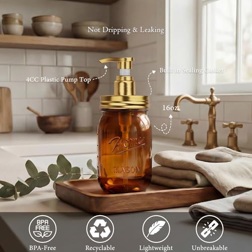Amolliar Plastic Mason Jar Soap Dispenser with Pump Lid,16OZ Refillable Hand Soap Dispenser Set with Cute Lables - Farmhouse Decor for Kitchen Bathroom, Liquid Soap, Dish Soap, Lotion (2 Pack, Amber) - color: Amber Jar With Gold Pump
