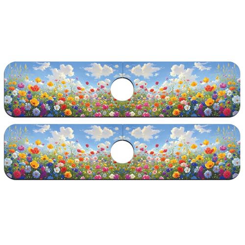 2 Pcs Kitchen Sink Splash Guard Faucet Mat Oil Painting of a Flower Bush Faucet Mat for Sinks Absorbing Drying Mats for Kitchen Bathroom, 23.6x5.5inch - color: Oil Painting of a Flower Bush
