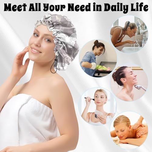Luxury Shower Cap Satin Lined Reusable Waterproof Double Layer Elastic Adjustable Hair Bath Cap Cute Aesthetic Women Girls-White Butterfly - color: F15-White Butterfly