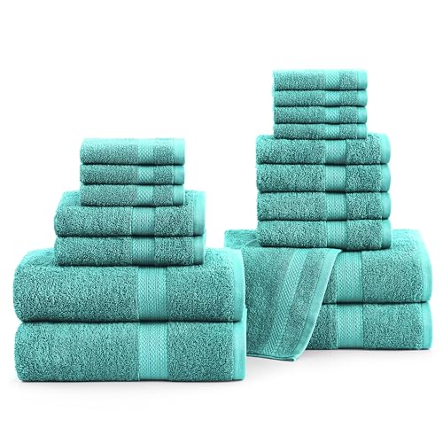LANE LINEN 100% Cotton Bath Towels - 18 Pieces - Softer, Durable & Highly Absorbent - 4 Bath, 8 Wash Cloth, 6 Hand Towels - Perfect Family Set, Premium Quality, Oeko-TEX Certified - Teal - color: 11: Teal, size: 18 Piece Towel Set