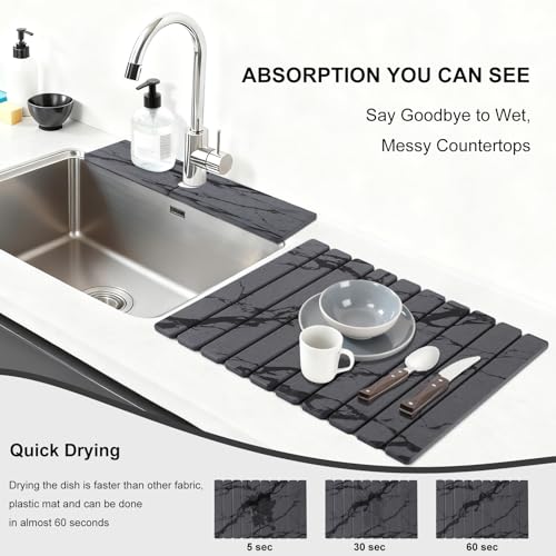 3 PCS Large Stone Dish Drying Mat for Kitchen Counter, Quick Dry Diatomaceous Earth Mat with Sink Faucet Pad, Marble Water Absorbing Stone Drying Mats for Dishes, Bottles and Cups - color: Dark Grey Marble
